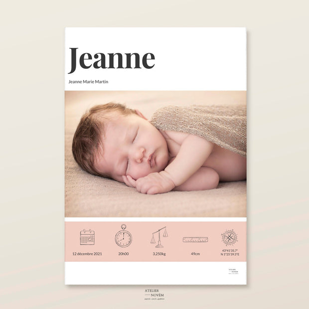 Affiche de naissance avec photo de bébé. Poster de naissance pour décoration chambre fille ou garçon ou mixte. Atelier novem