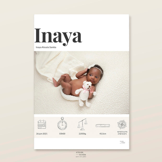 Affiche de naissance bébé personnalisée avec photo et statistiques de naissance. Cadeau jeune maman
